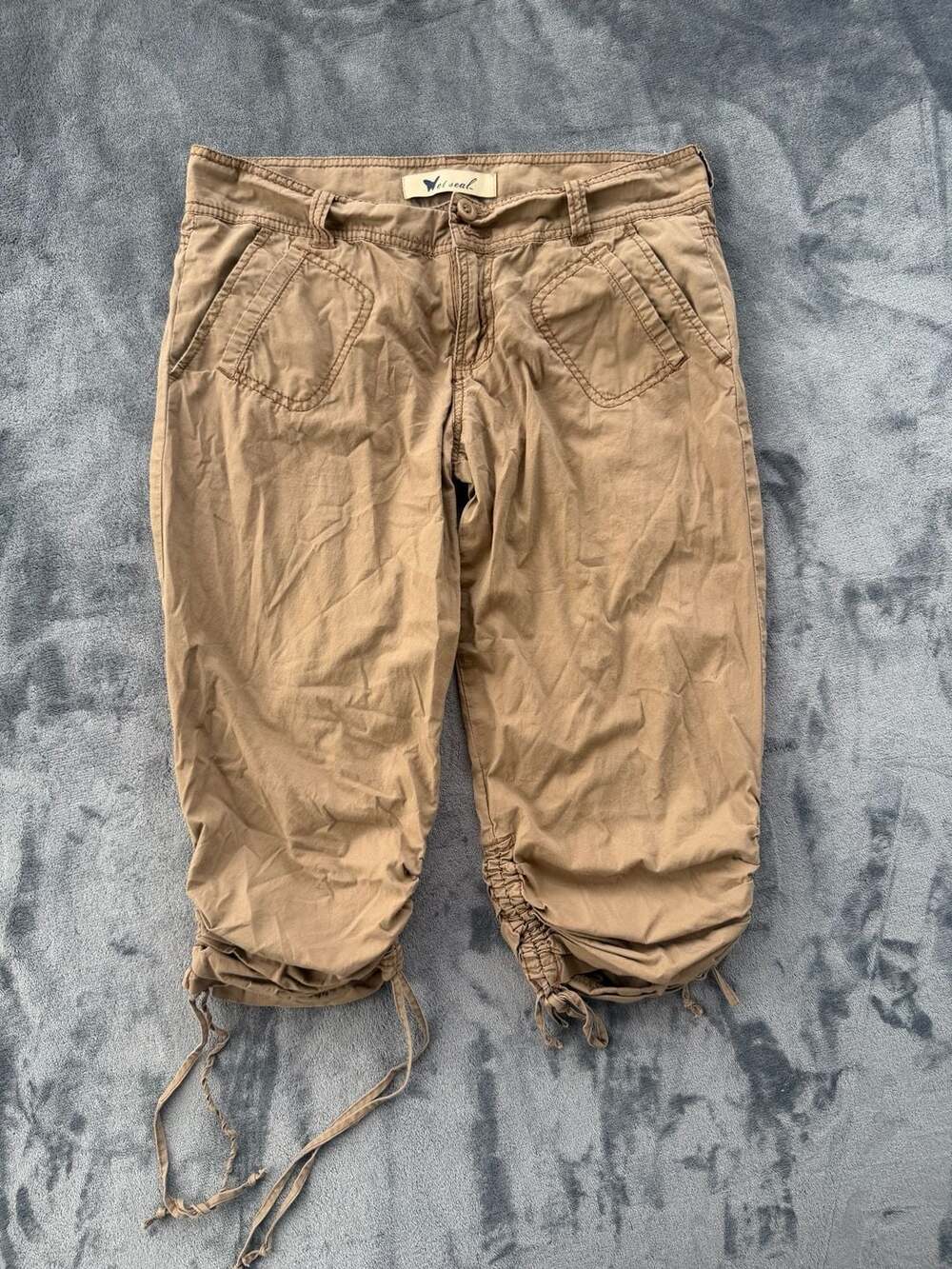 Wet Seal Y2K Tan Brown Utility Cargo Capri Pants Ruched Drawstring Size 11